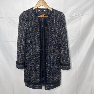 Tory Burch Anabelle Tweed Blazer Jacket Sz 2 Blue Black Gold Buttons academia